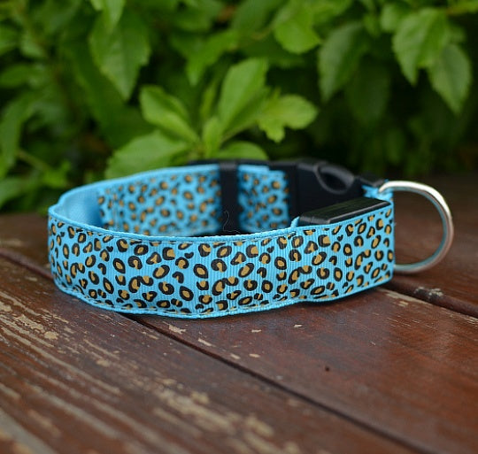 LED Dog Collar Safety Adjustable Nylon Leopard Pet Collar